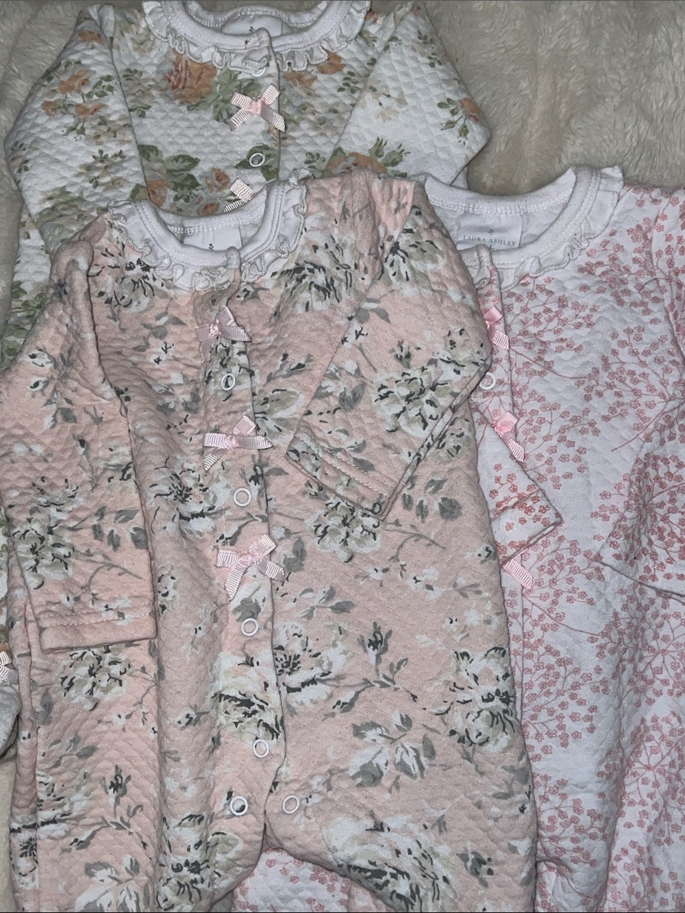 VTG Style Laura Ashley Baby Quilted Floral Footie Sleeper Lot (3pcs) 0-9M